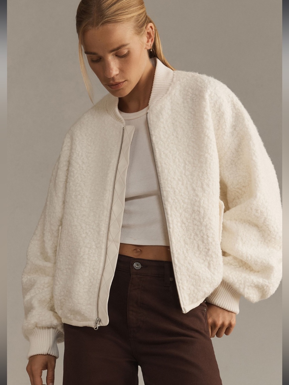 Anthropologie Off-White Sherpa Bomber Jacket